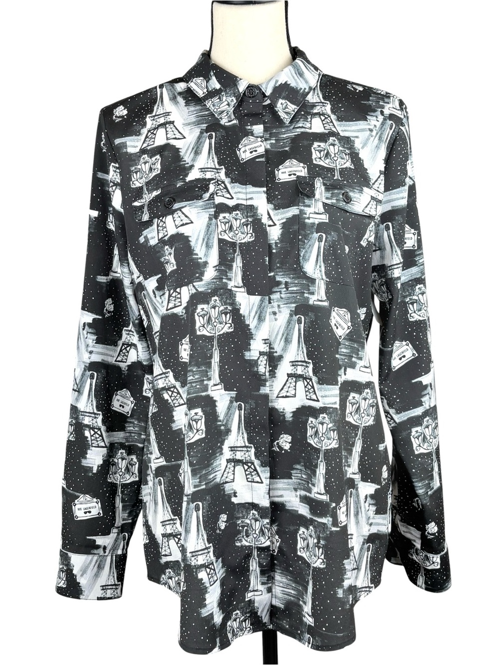 Karl Lagerfeld Paris Eiffel Tower Print Blouse M Black White Button Front
